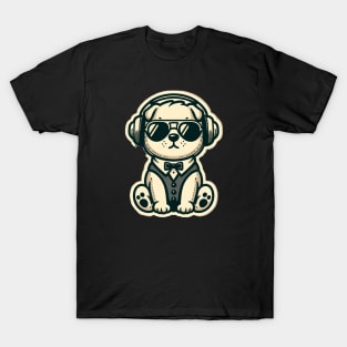 cute puppy in tuxedo with headphones and sunglasses T-Shirt